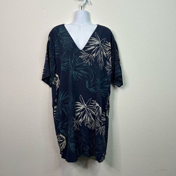 Tonle Sustainable Veha Kaftan-Style Cactus Print Dress Blue V Neck Size Small - Picture 1 of 16